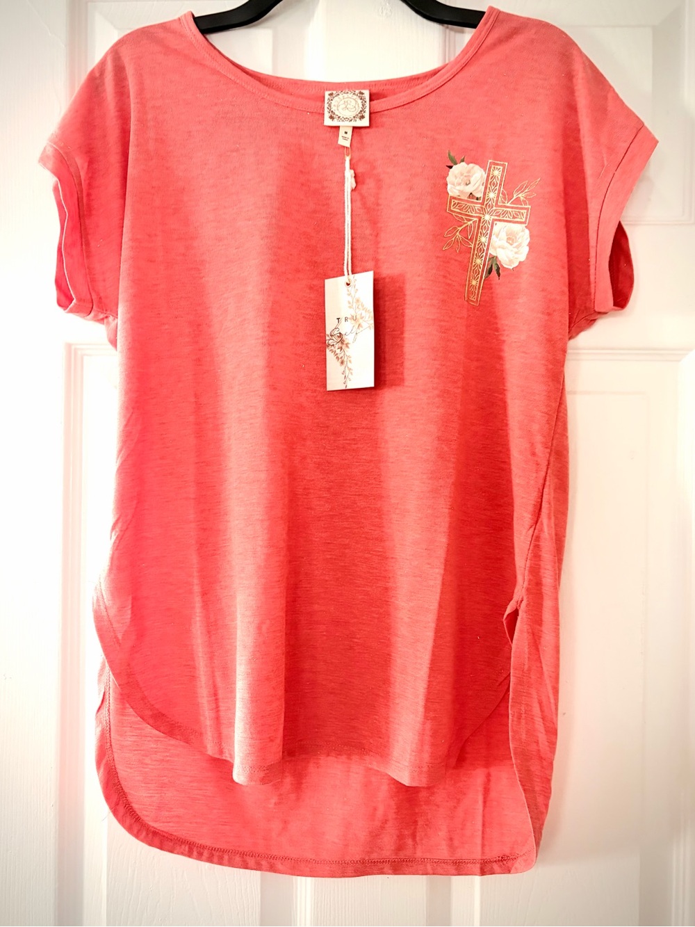 Women's Coral Short Sleeve Tunic Tee with Floral Cross Accent